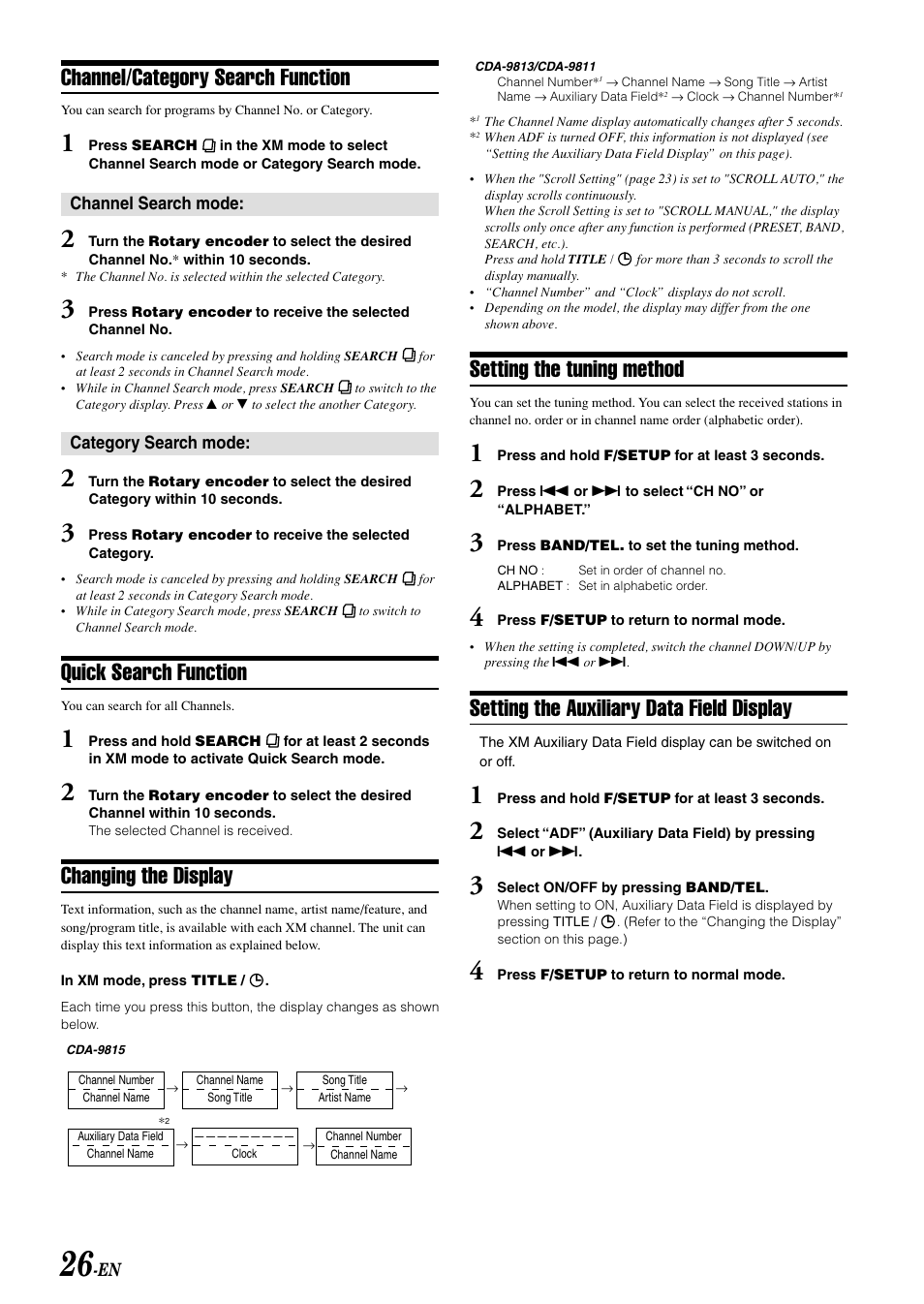 Channel/category search function, Quick search function, Changing the display | Setting the tuning method, Setting the auxiliary data field display | Alpine CDA-9811 User Manual | Page 28 / 43