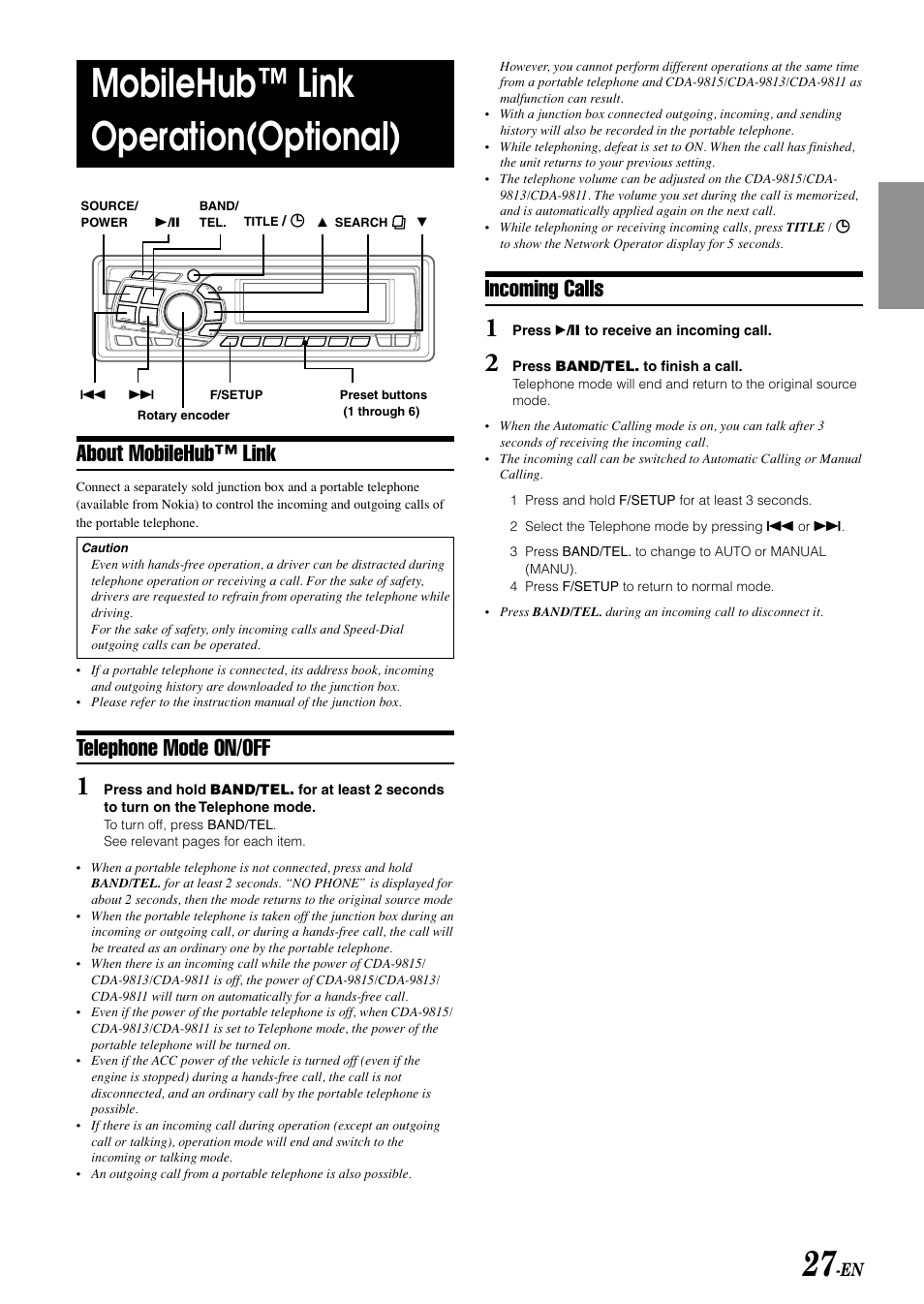 Mobilehub™ link operation(optional), About mobilehub™ link, Telephone mode on/off | Incoming calls | Alpine CDA-9811 User Manual | Page 29 / 43