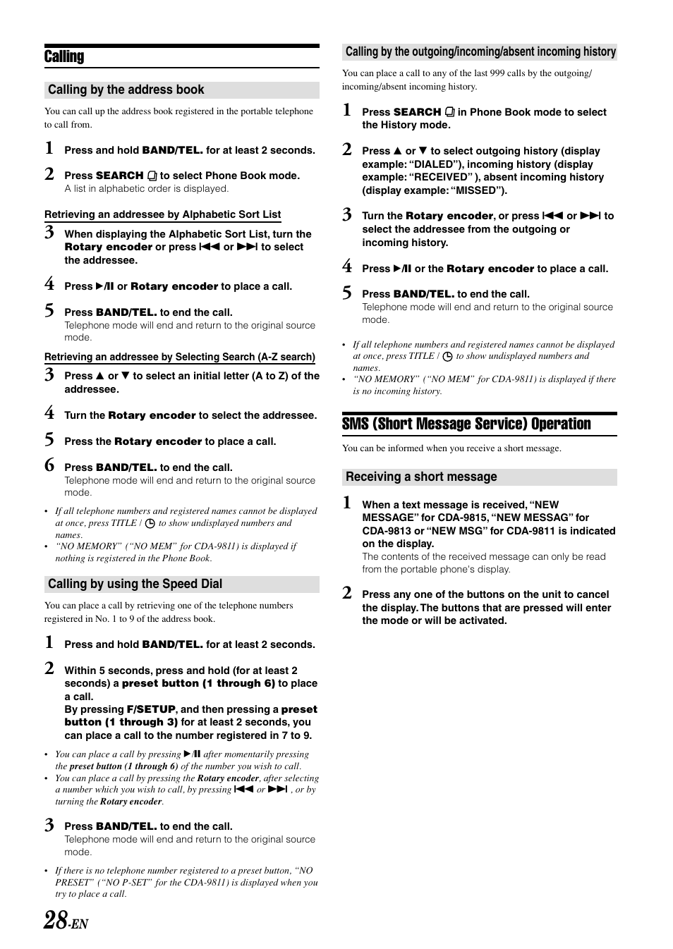 Sms (short message service) operation, Calling | Alpine CDA-9811 User Manual | Page 30 / 43