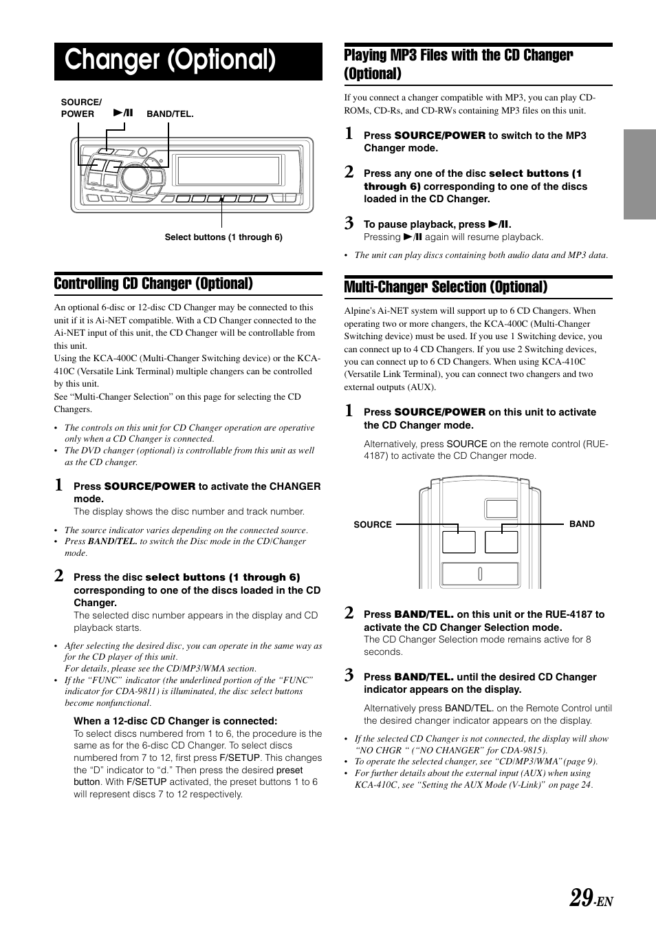 Changer (optional), Controlling cd changer (optional), Playing mp3 files with the cd changer (optional) | Multi-changer selection (optional) | Alpine CDA-9811 User Manual | Page 31 / 43