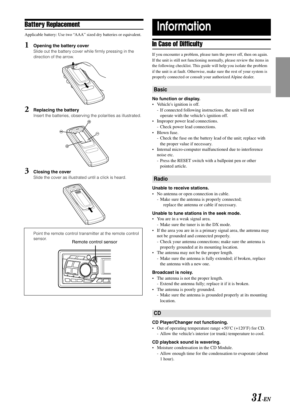 Information, Battery replacement | Alpine CDA-9811 User Manual | Page 33 / 43