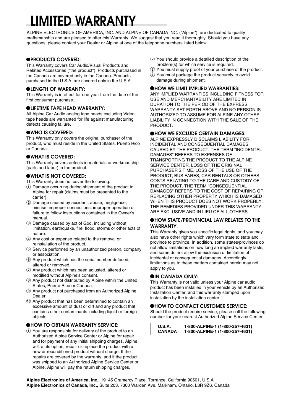 Limited warranty | Alpine CDA-9811 User Manual | Page 43 / 43