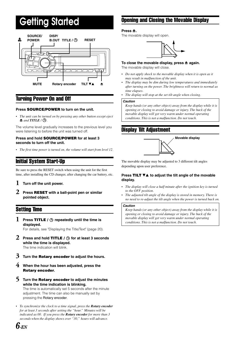 Getting started, Turning power on and off, Initial system start-up | Setting time, Opening and closing the movable display, Display tilt adjustment | Alpine CDA-9811 User Manual | Page 8 / 43