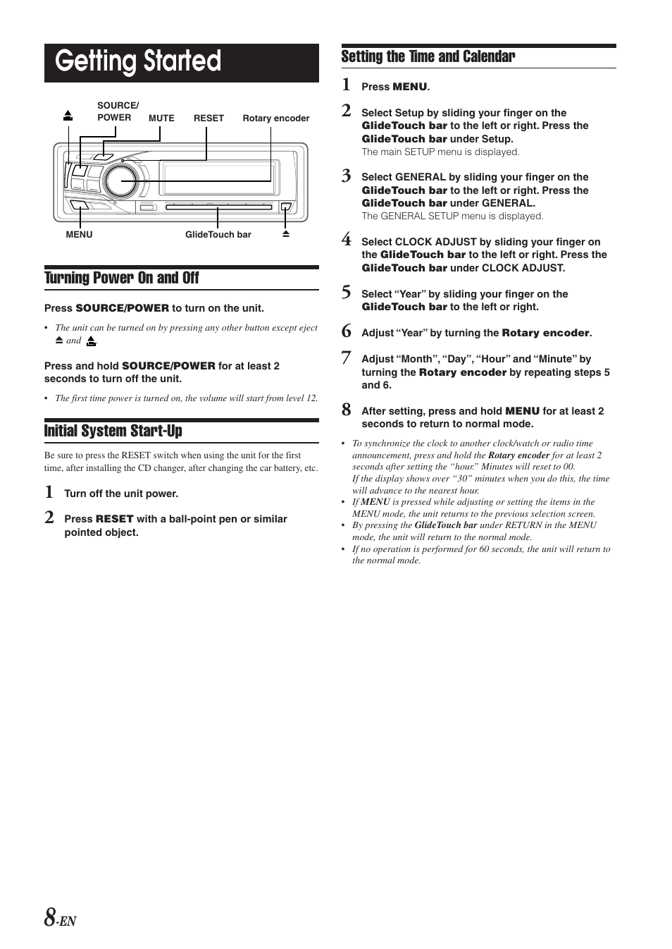 Reset, Clock set, Getting started / basic operation | Power on / off, Initial system start-up, Setting time & calendar, Getting started, Turning power on and off, Setting the time and calendar | Alpine DVA-9965 User Manual | Page 10 / 79