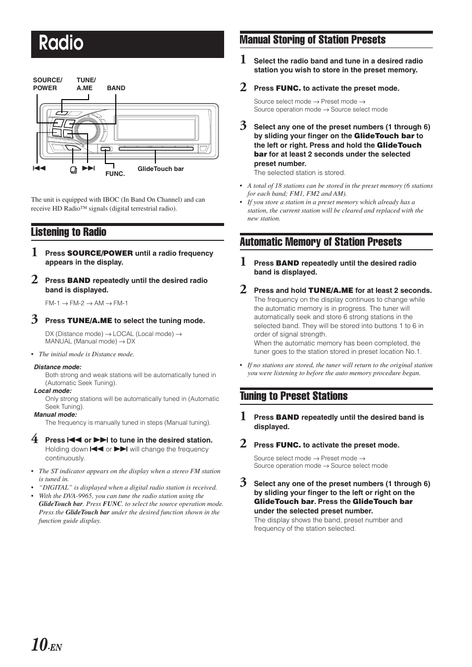 Radio operation, Listening to the radio, Manually storing preset stations | Automatically storing preset stations, Tuning to preset stations, Radio, Listening to radio, Manual storing of station presets | Alpine DVA-9965 User Manual | Page 12 / 79