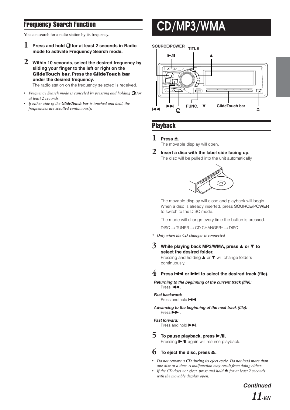 Search by frequency, Cd / mp3 / \wma operation, Playback | Cd/mp3/wma, Frequency search function | Alpine DVA-9965 User Manual | Page 13 / 79