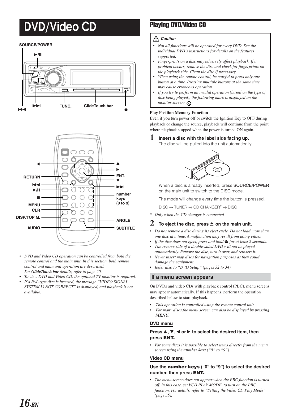 Dvd / video cd operation, Playing dvd / video cd, Dvd/video cd | Playing dvd/video cd, If a menu screen appears | Alpine DVA-9965 User Manual | Page 18 / 79