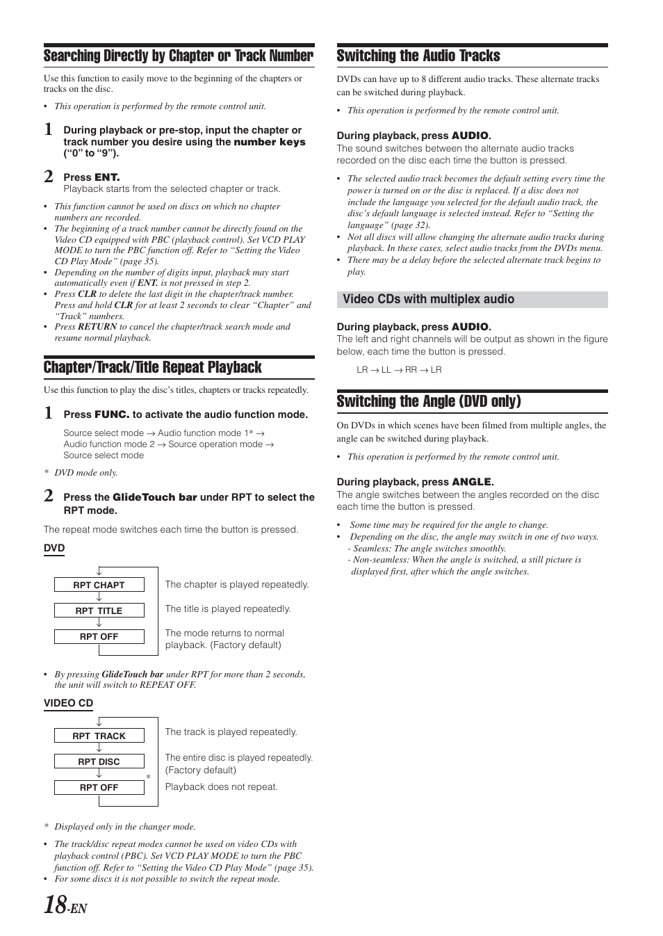 Searching directly by chapter or track number, Chapter / track / title repeat playback, Switching the audio tracks | Switching the angle, Chapter/track/title repeat playback, Switching the angle (dvd only) | Alpine DVA-9965 User Manual | Page 20 / 79