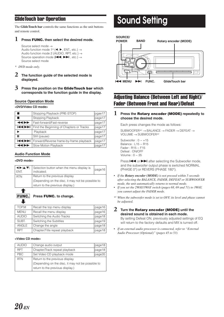 Glidetouch bar operation, Sound settings, Balance / fader / defeat | Sound setting | Alpine DVA-9965 User Manual | Page 22 / 79