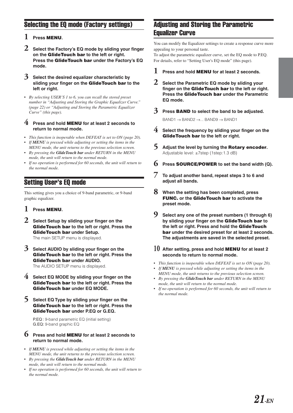 Selecting the eq mode, Setting user's eq mode, Selecting the eq mode (factory settings) | Alpine DVA-9965 User Manual | Page 23 / 79