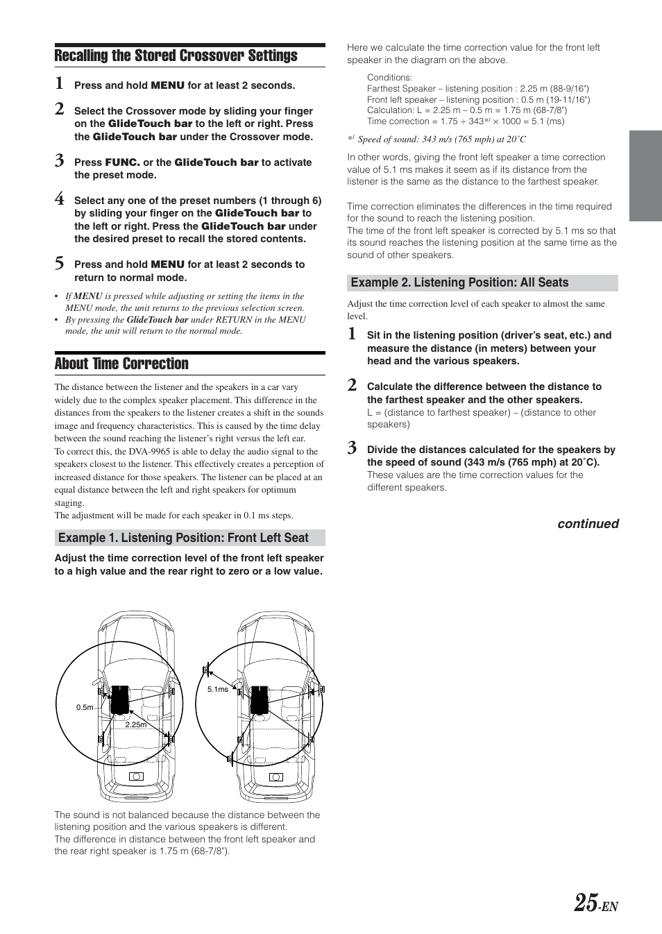 Recalling the stored crossover settings, Time correction, About time correction | Alpine DVA-9965 User Manual | Page 27 / 79