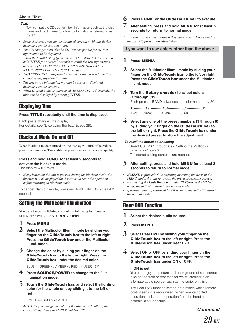 Displaying time, Blackout mode on / off, Setting the multicolor illumination | Rear dvd function, Blackout mode on and off | Alpine DVA-9965 User Manual | Page 31 / 79