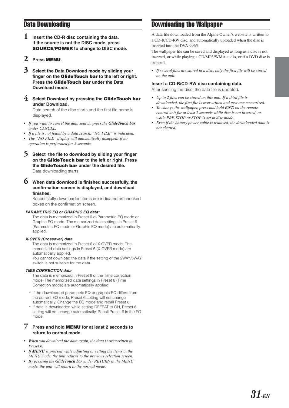 Data downloading, Downloading the wallpaper | Alpine DVA-9965 User Manual | Page 33 / 79