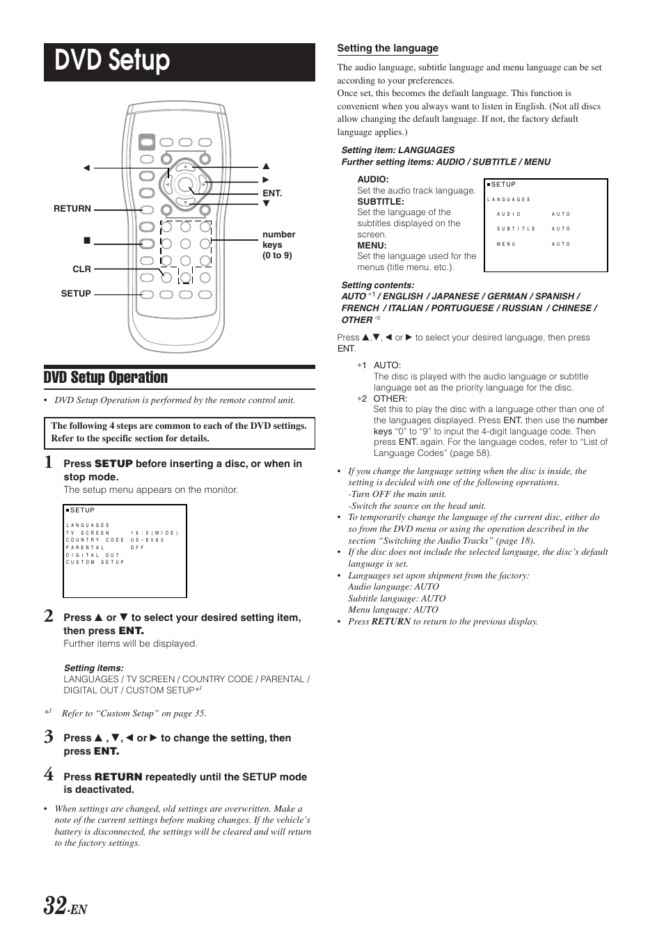 Dvd setup, Dvd setup operation | Alpine DVA-9965 User Manual | Page 34 / 79