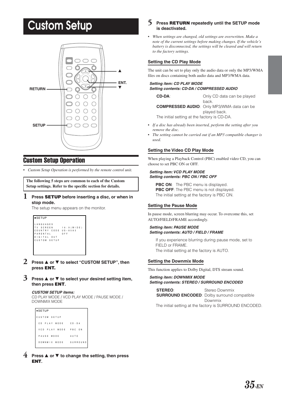 Custom setup, Custom setup operation | Alpine DVA-9965 User Manual | Page 37 / 79