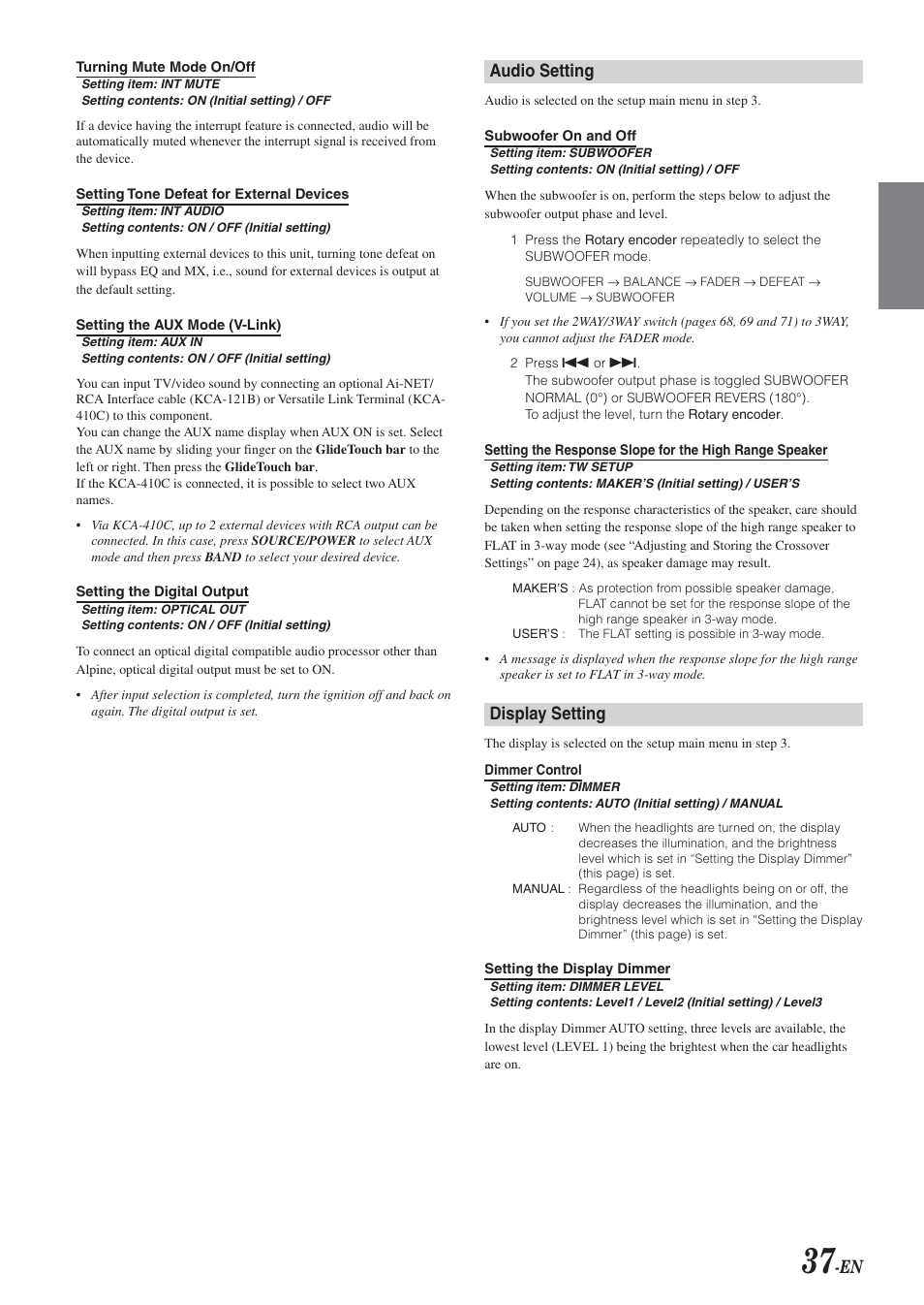 Audio, Display, En audio setting | Display setting | Alpine DVA-9965 User Manual | Page 39 / 79