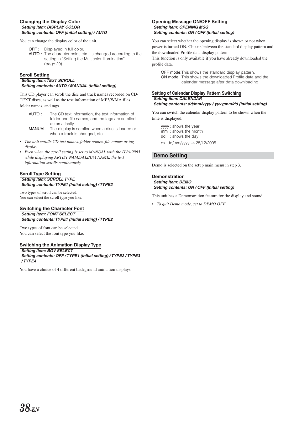 Demo, Demo setting | Alpine DVA-9965 User Manual | Page 40 / 79