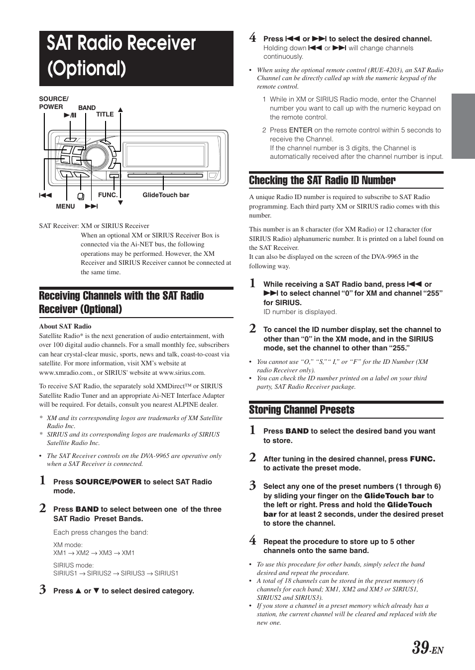 Satellite radio control, Sat radio receiver (optional), Checking the sat radio id number | Storing channel presets | Alpine DVA-9965 User Manual | Page 41 / 79