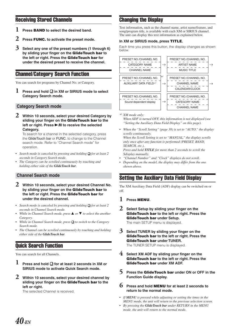 Receiving stored channels, Channel/category search function, Quick search function | Changing the display, Setting the auxiliary data field display | Alpine DVA-9965 User Manual | Page 42 / 79