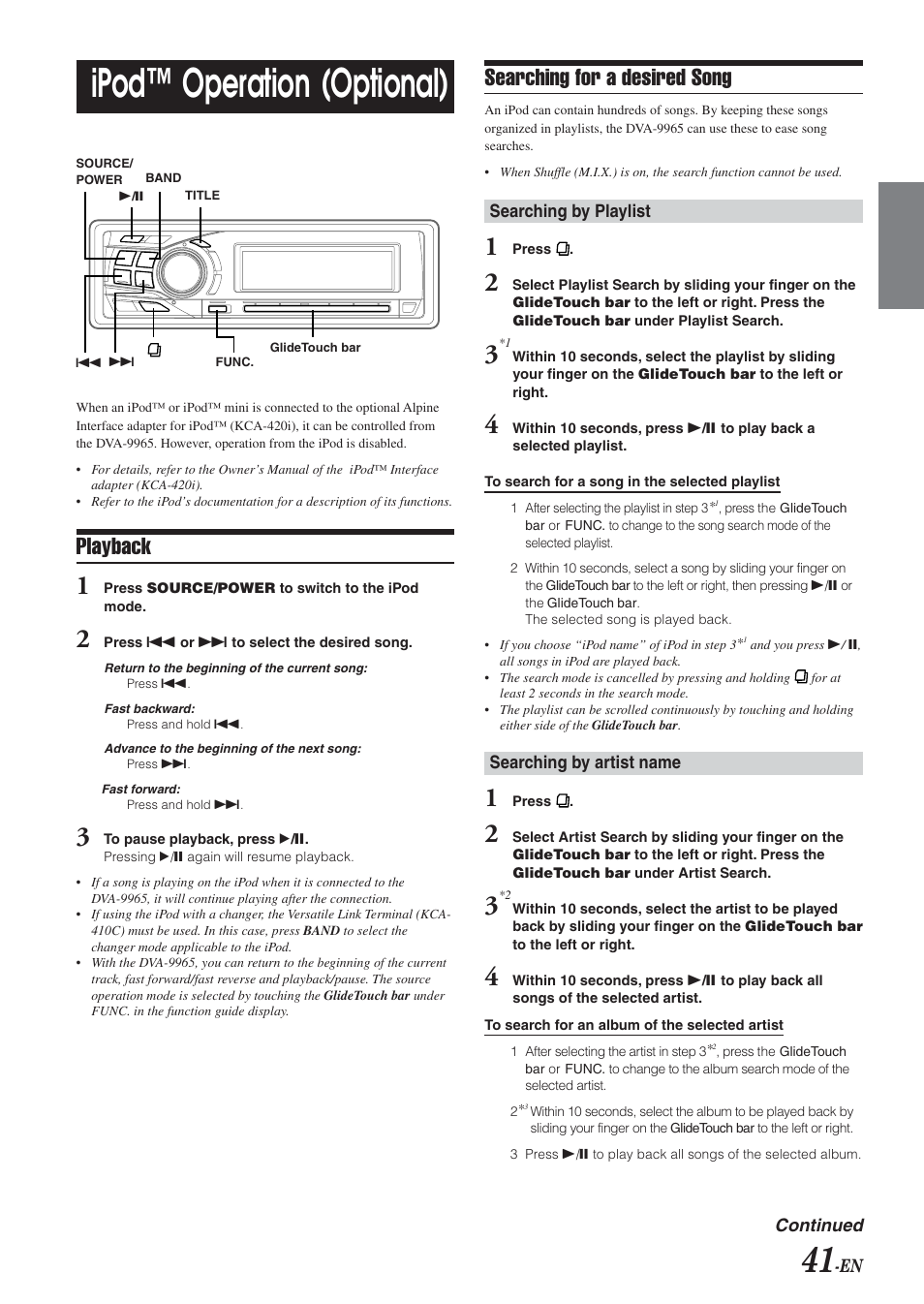 Ipod control, Ipod™ operation (optional), Playback | Searching for a desired song | Alpine DVA-9965 User Manual | Page 43 / 79