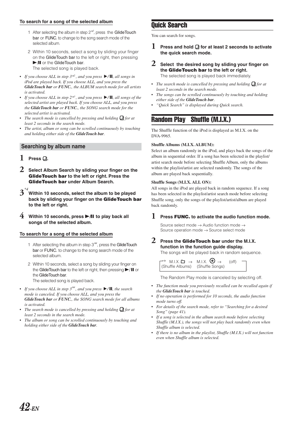 Quick search, Random play shuffle (m.i.x.), Searching by album name | Alpine DVA-9965 User Manual | Page 44 / 79
