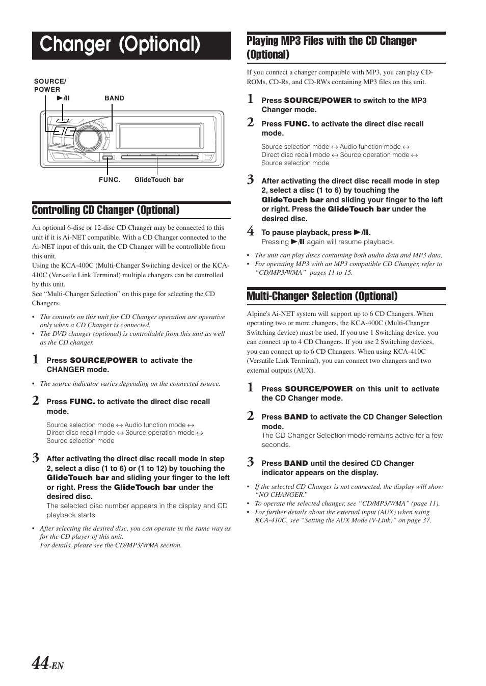 Changer control, Changer (optional), Playing mp3 files with the cd changer (optional) | Multi-changer selection (optional), Controlling cd changer (optional) | Alpine DVA-9965 User Manual | Page 46 / 79