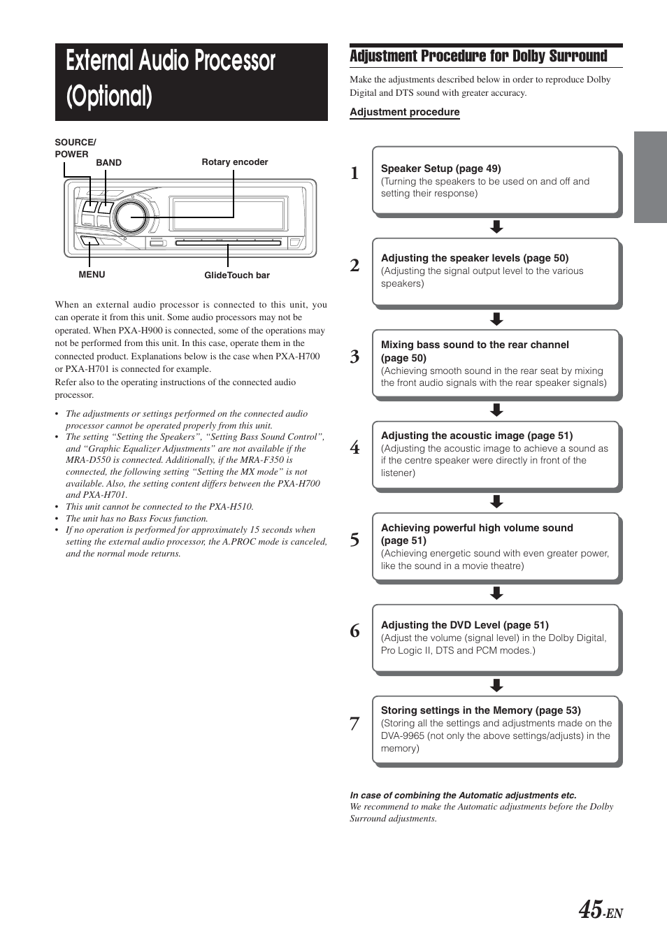 External audio processor, External audio processor (optional), Adjustment procedure for dolby surround | Alpine DVA-9965 User Manual | Page 47 / 79
