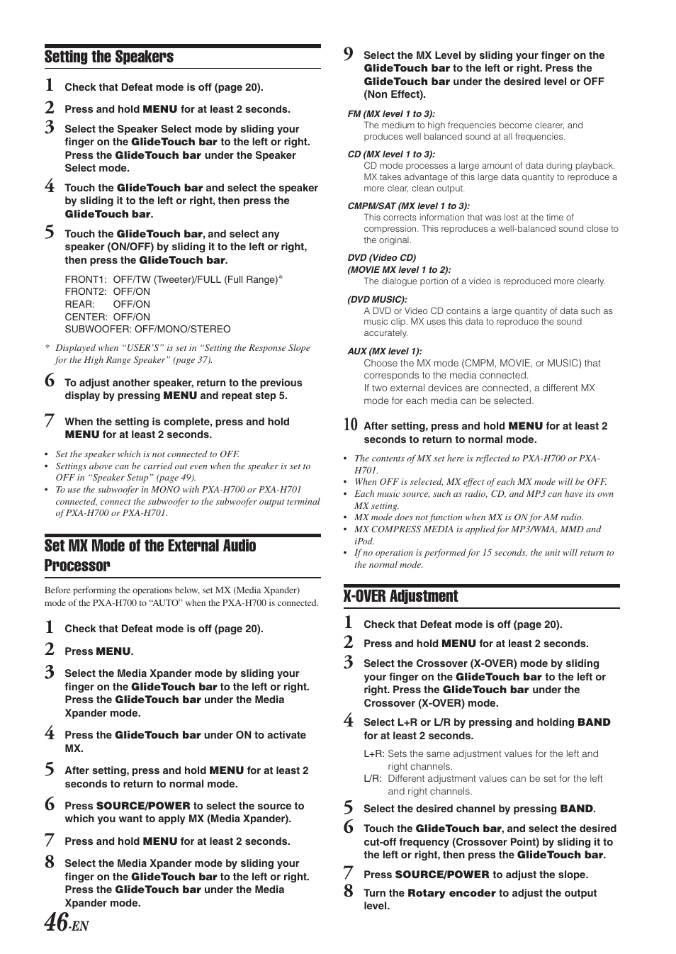 Setting the speakers, Set mx mode of the external audio processor, X-over adjustment | Alpine DVA-9965 User Manual | Page 48 / 79