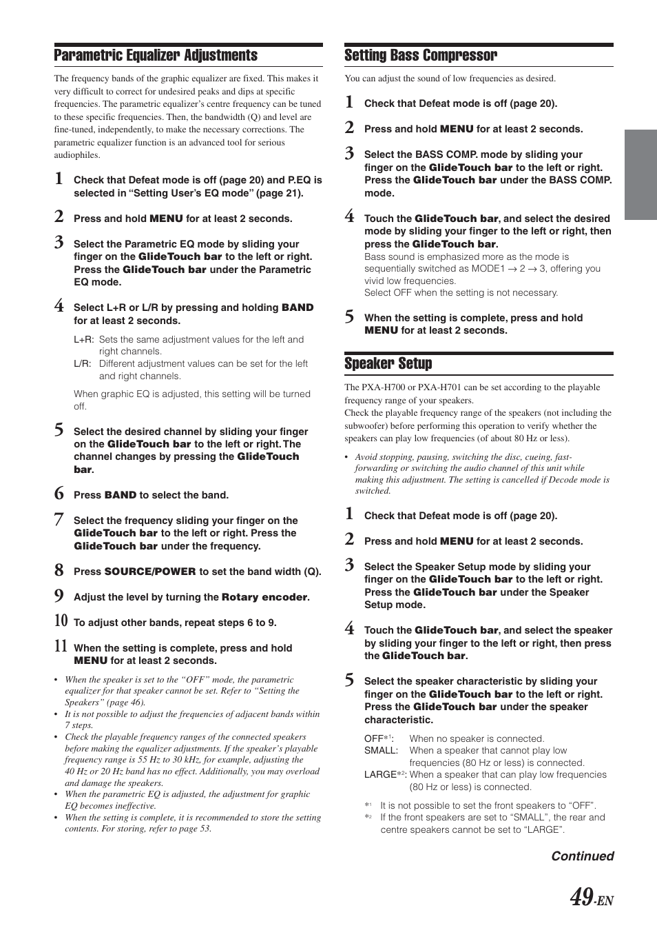 Parametric equalizer adjustments, Setting bass compressor, Speaker setup | Alpine DVA-9965 User Manual | Page 51 / 79