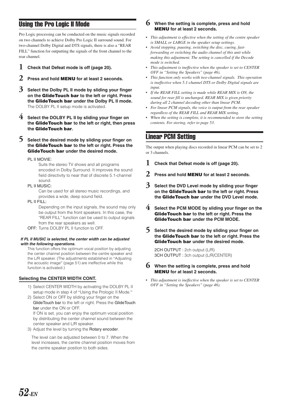 Using the pro logic ii mode, Linear pcm setting | Alpine DVA-9965 User Manual | Page 54 / 79