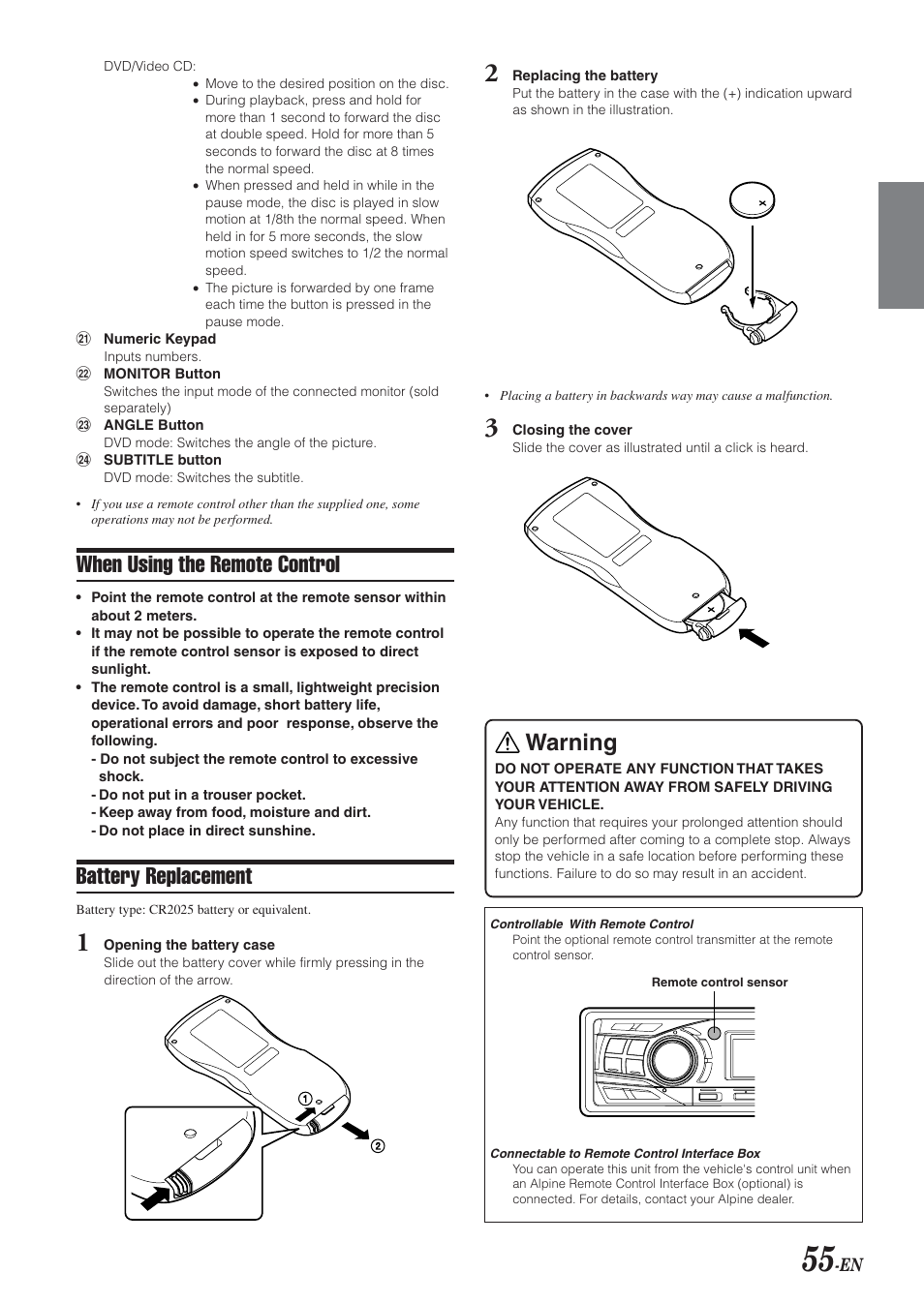 When using the remote control, Battery replacement, Warning | Alpine DVA-9965 User Manual | Page 57 / 79