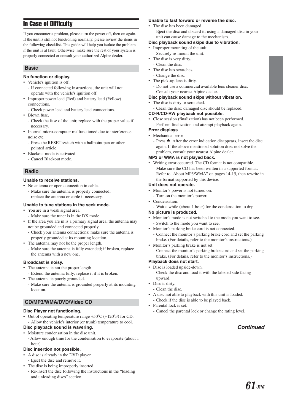 Troubleshooting | Alpine DVA-9965 User Manual | Page 63 / 79