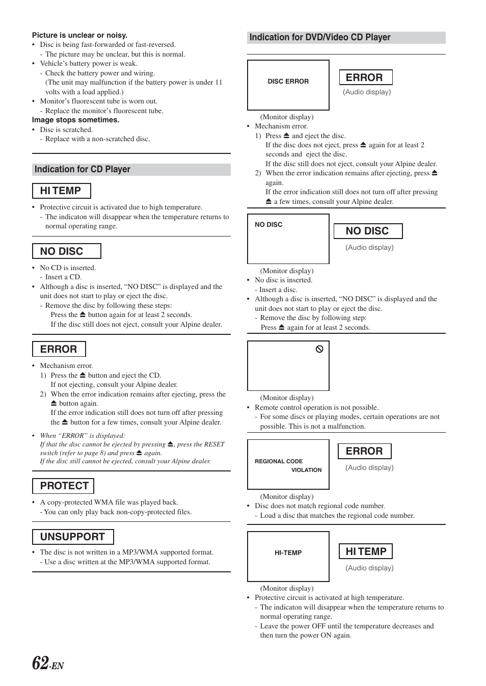 Messages, Hi temp, No disc | Error, Protect, Unsupport | Alpine DVA-9965 User Manual | Page 64 / 79