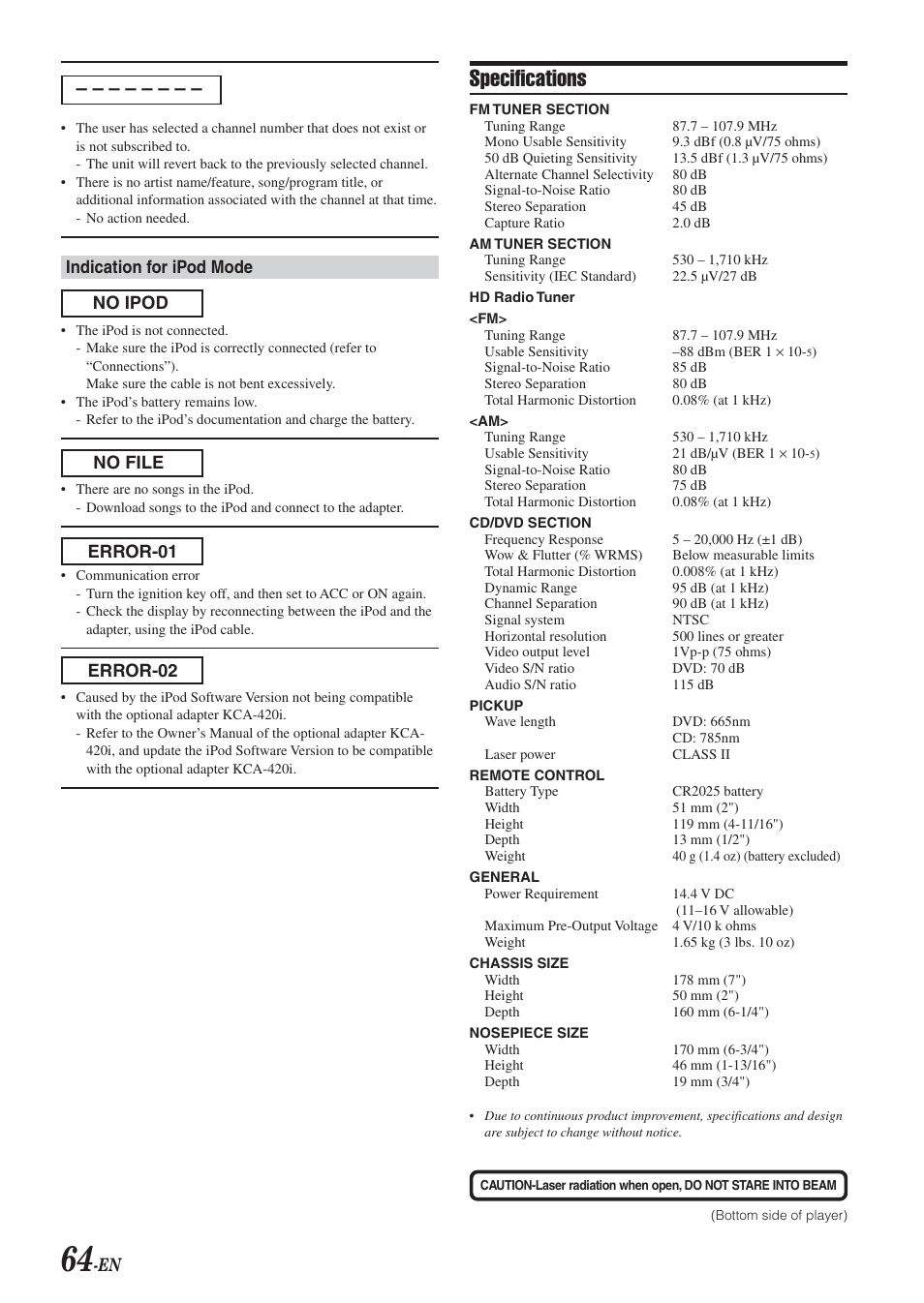 Specs, Specifications, Indication for ipod mode | No ipod error-01 no file error-02 | Alpine DVA-9965 User Manual | Page 66 / 79