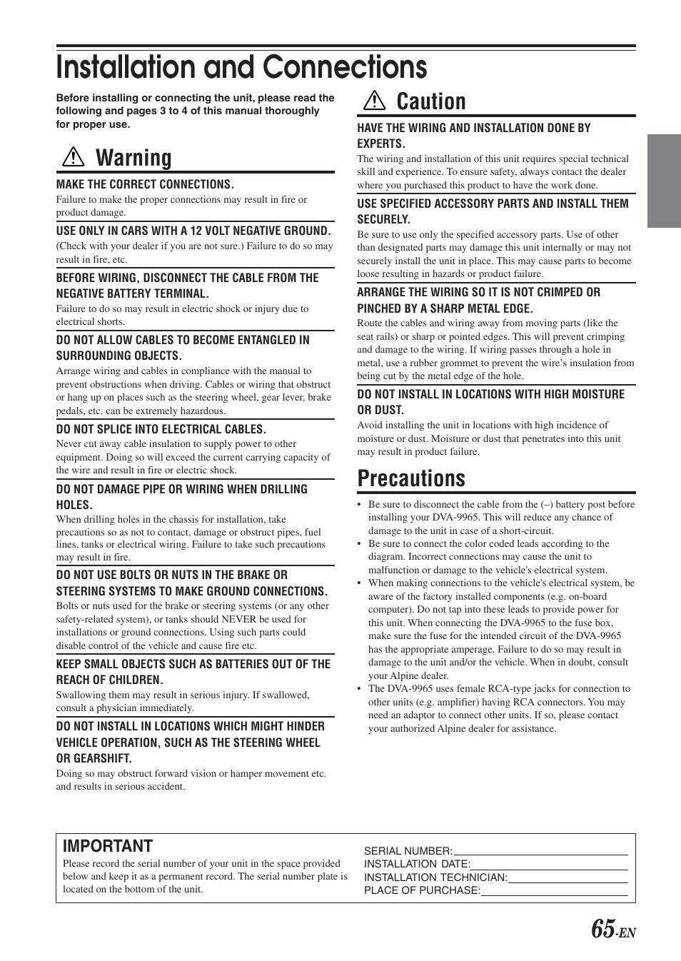 Installation & connections, Installation and connections, Warning | Caution, Precautions, Important | Alpine DVA-9965 User Manual | Page 67 / 79