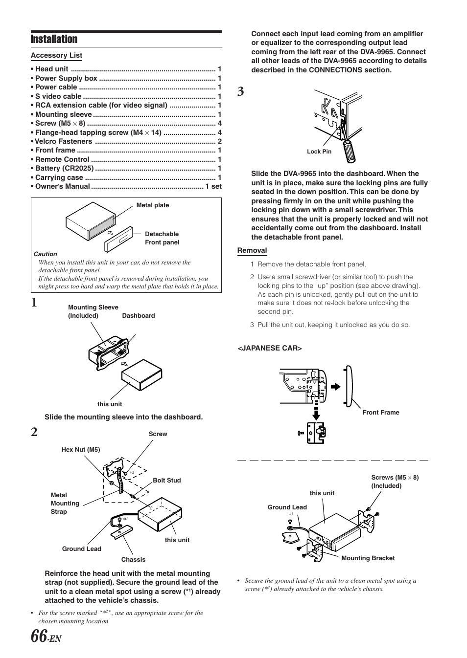 Supplied installation hardware, Mounting / removal, Installation | Alpine DVA-9965 User Manual | Page 68 / 79