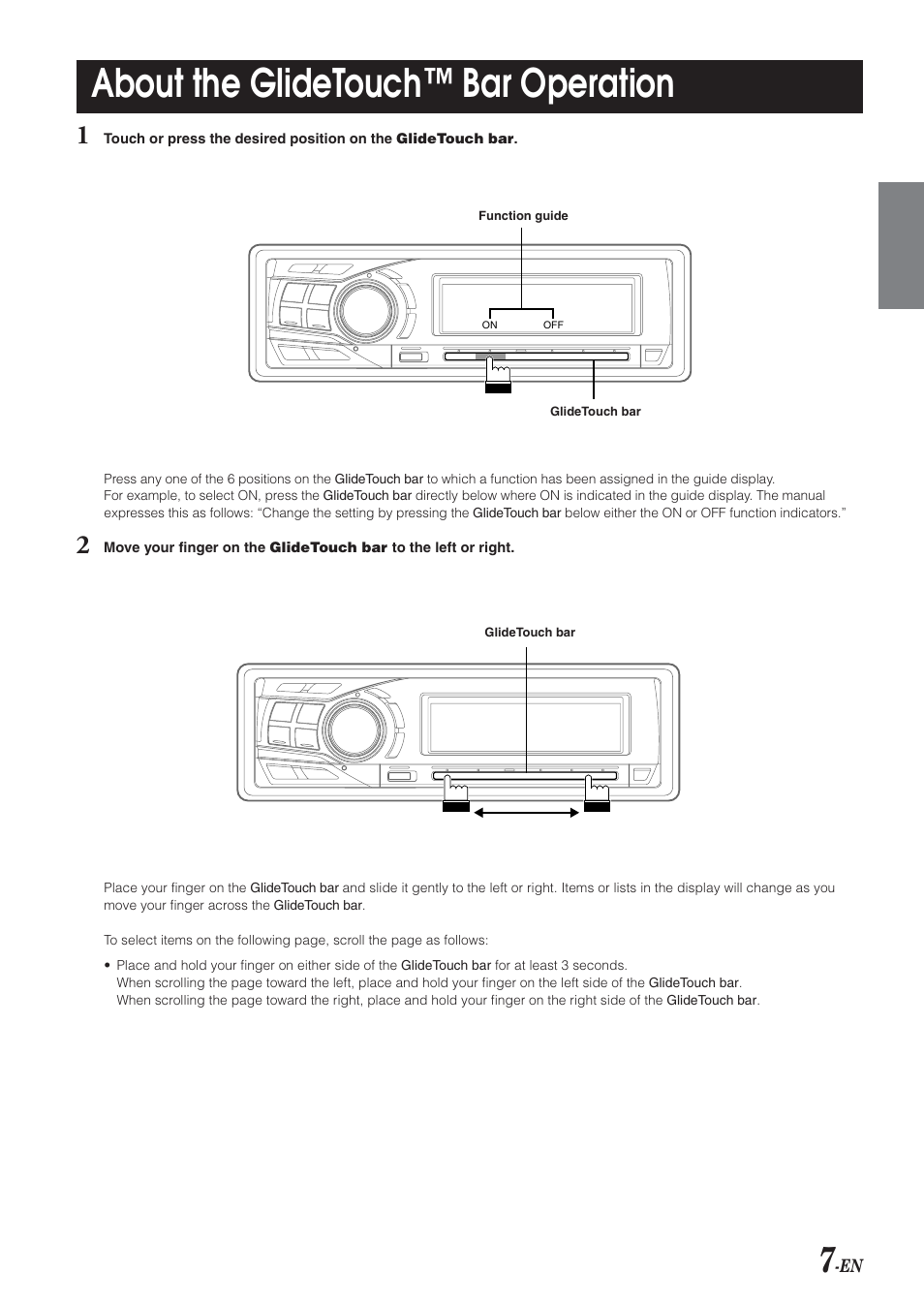Glidetouch bar operation, About the glidetouch™ bar operation | Alpine DVA-9965 User Manual | Page 9 / 79