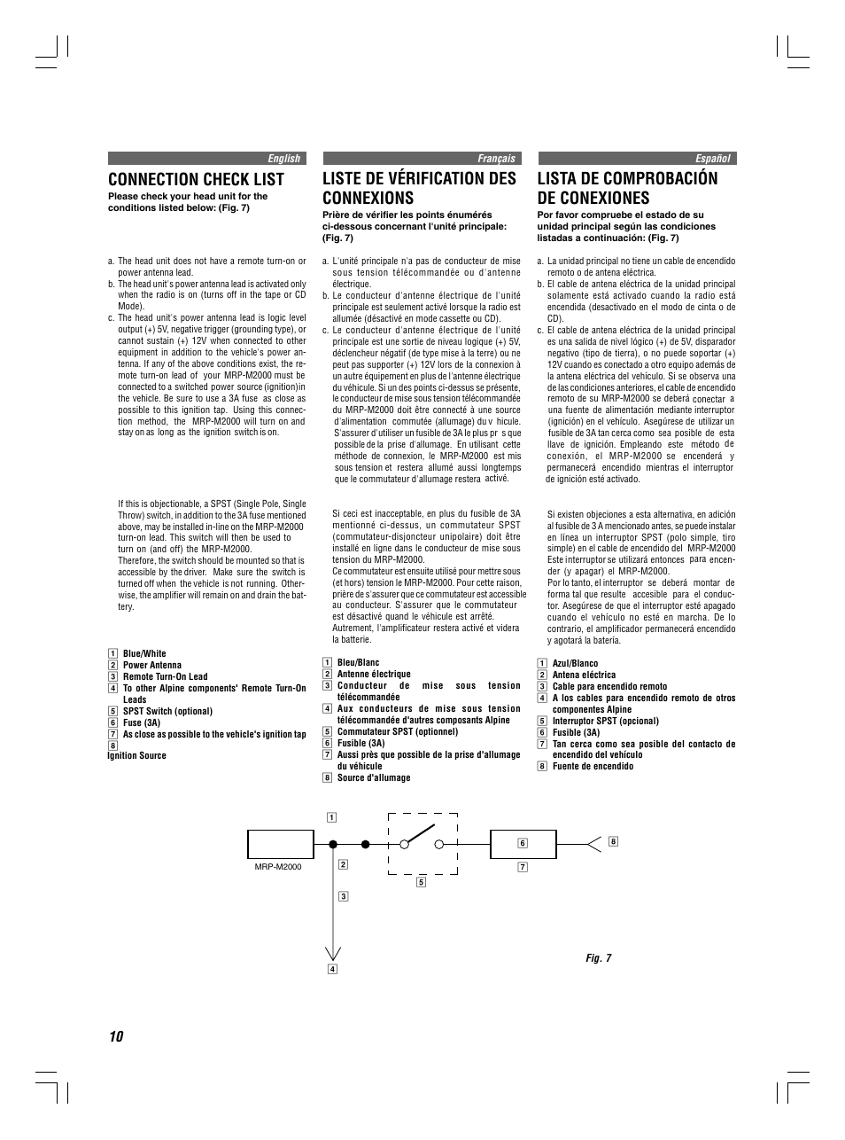 Connection check list, Liste de vérification des connexions, Lista de comprobación de conexiones | Alpine MRP-M2000 User Manual | Page 10 / 16