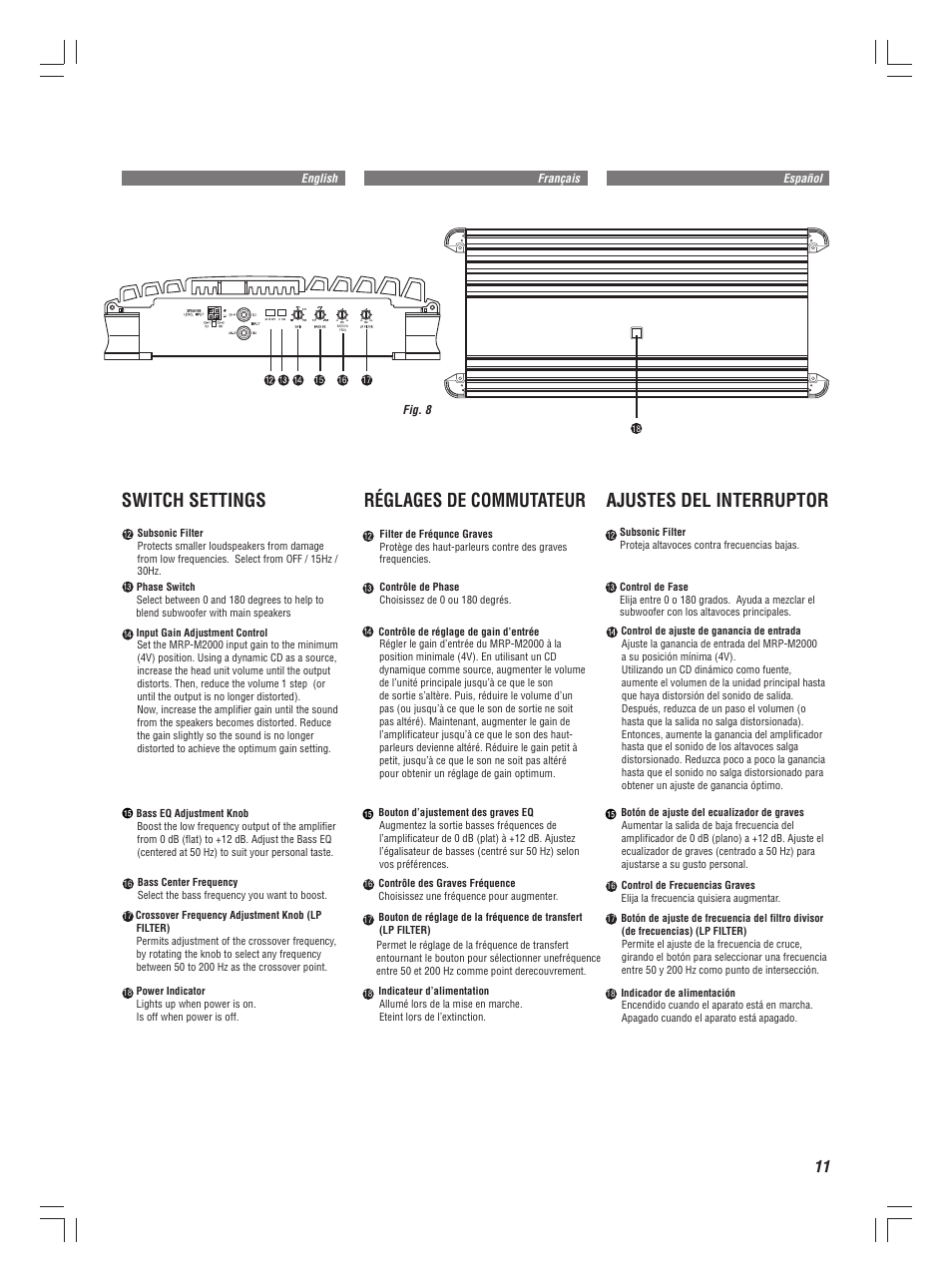 Switch settings, Réglages de commutateur, Ajustes del interruptor | Alpine MRP-M2000 User Manual | Page 11 / 16