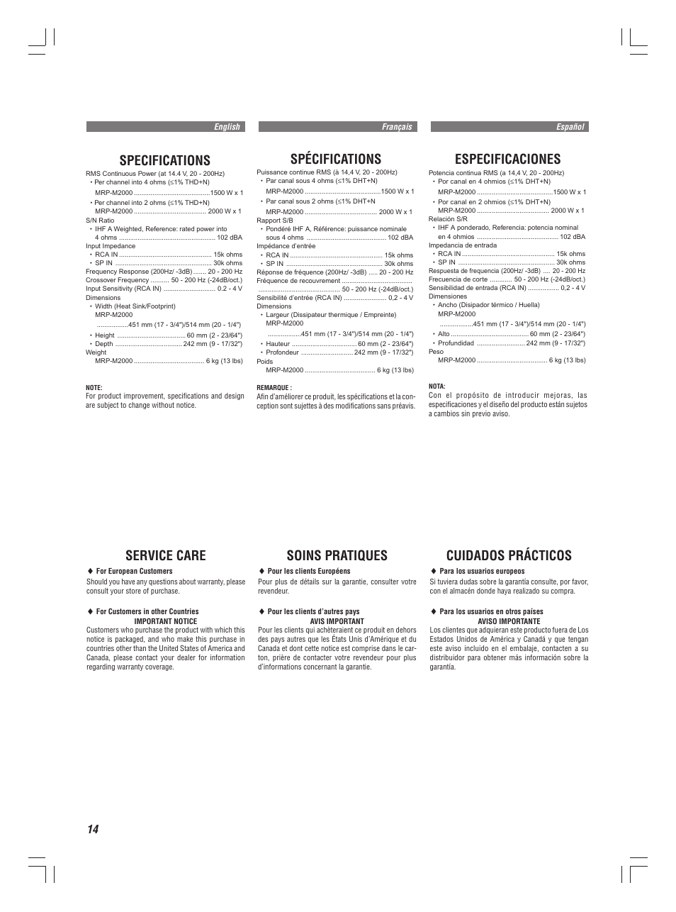 Service care, Soins pratiques, Cuidados prácticos | Specifications, Spécifications, Especificaciones | Alpine MRP-M2000 User Manual | Page 14 / 16