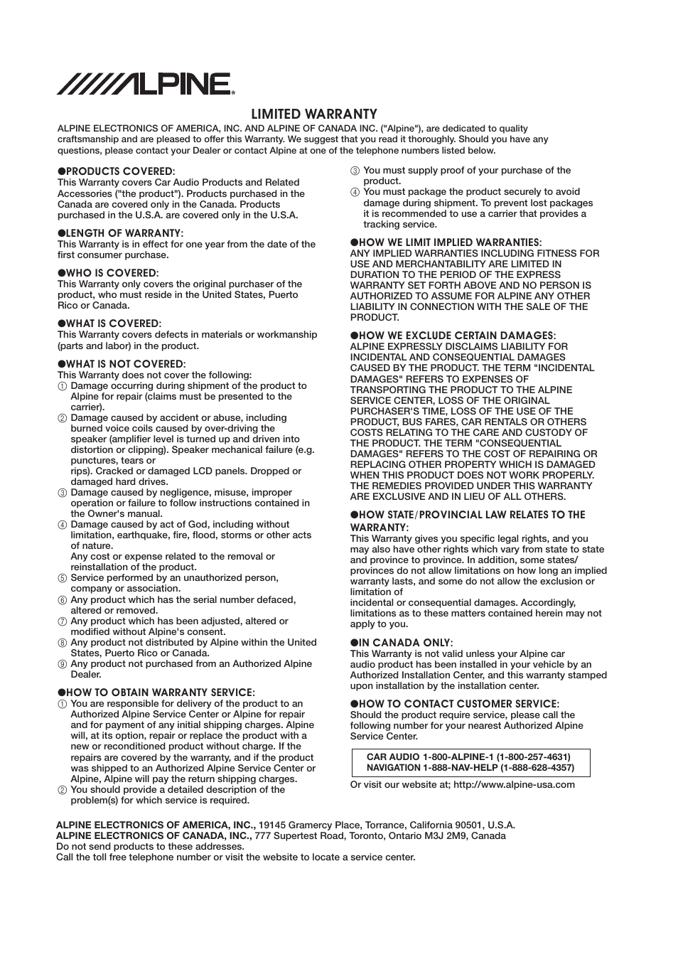 Limited warranty | Alpine MRP-M2000 User Manual | Page 15 / 16