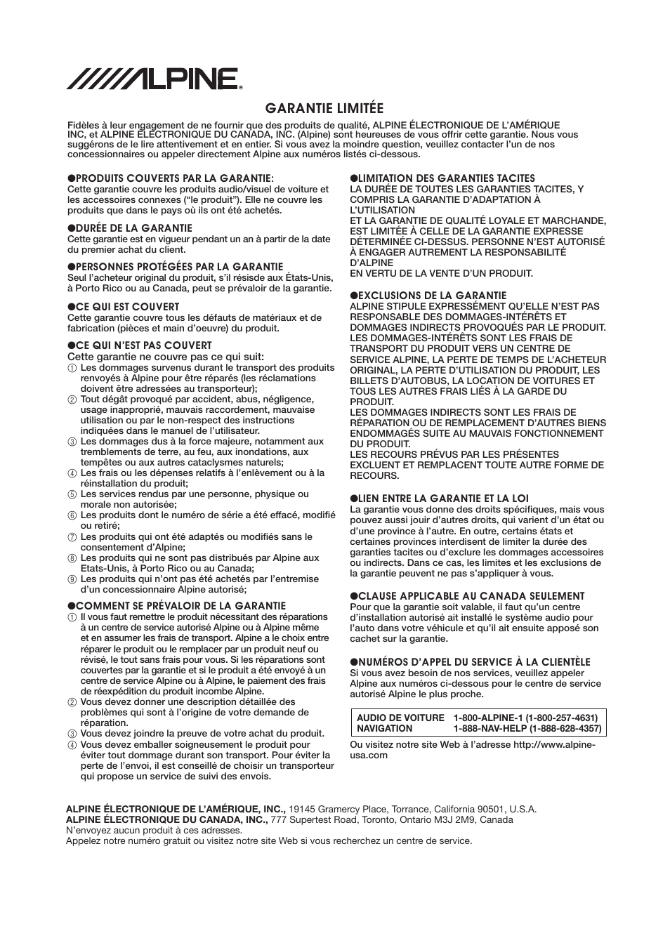 Garantie limitée | Alpine MRP-M2000 User Manual | Page 16 / 16