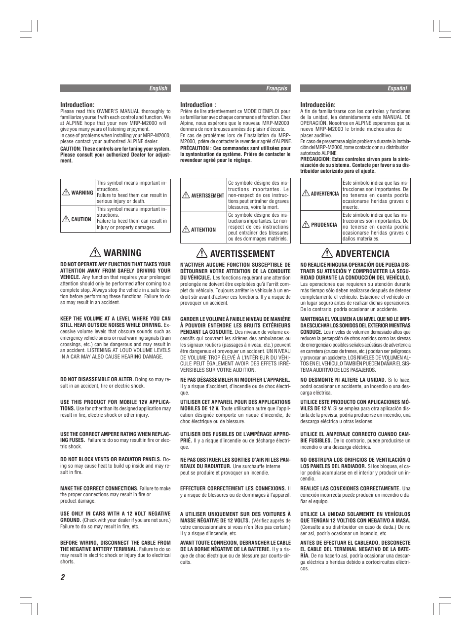 Avertissement, Warning, Advertencia | Alpine MRP-M2000 User Manual | Page 2 / 16