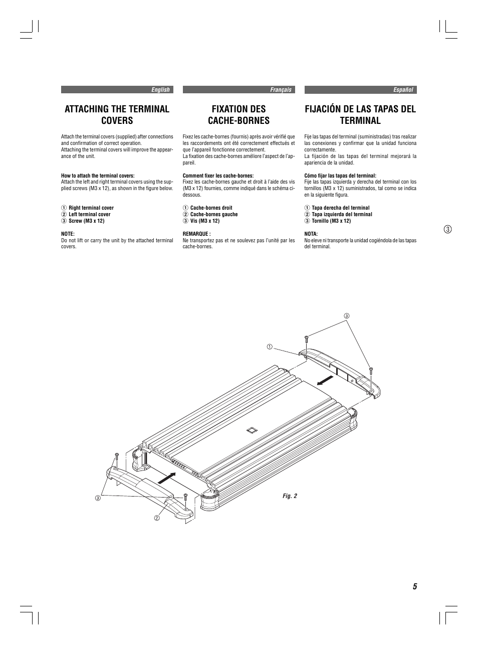 Fixation des cache-bornes, Attaching the terminal covers, Fijación de las tapas del terminal | Alpine MRP-M2000 User Manual | Page 5 / 16