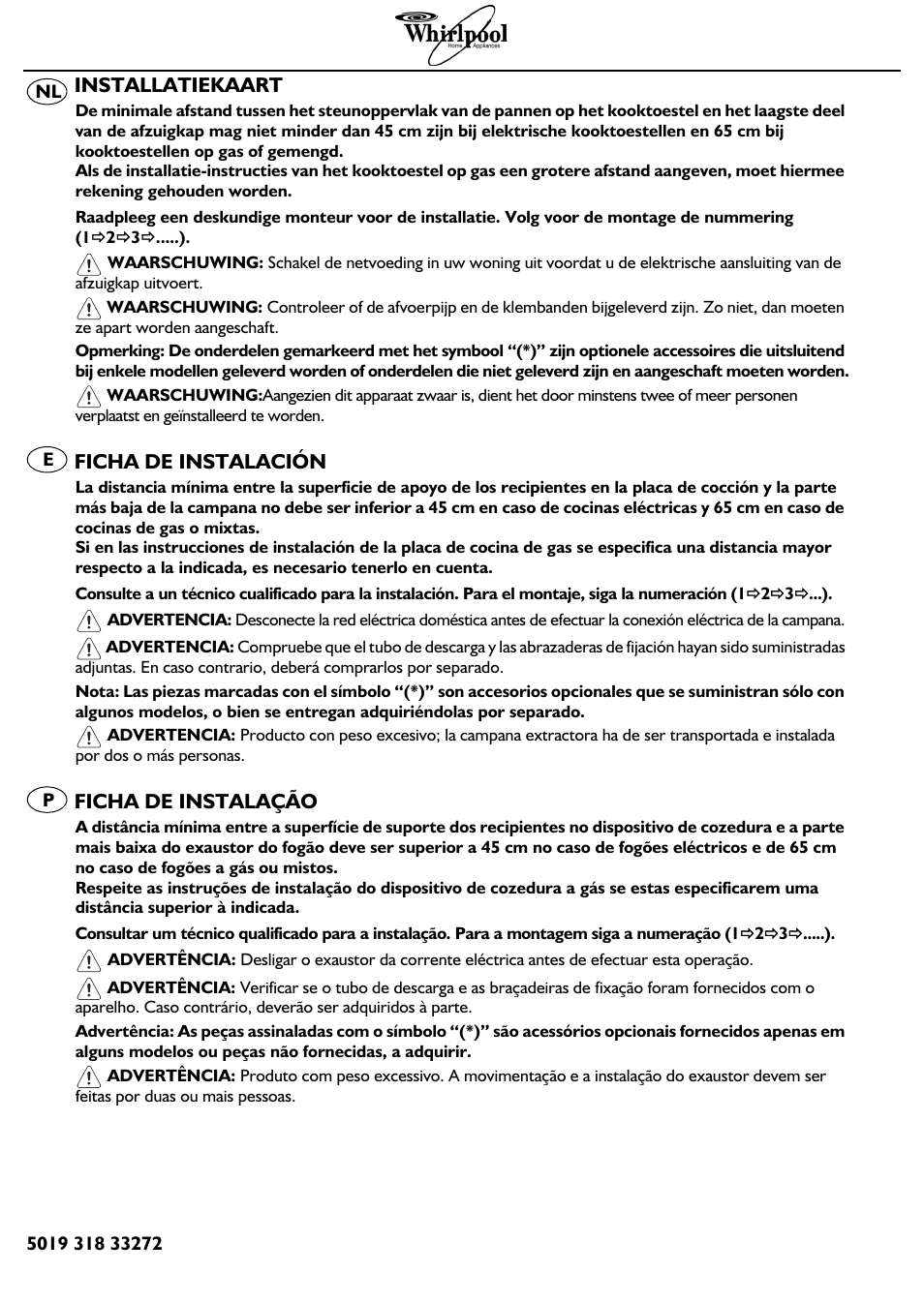 Installatiekaart, Ficha de instalación, Ficha de instalação | Whirlpool AKR 550 IM User Manual | Page 2 / 9