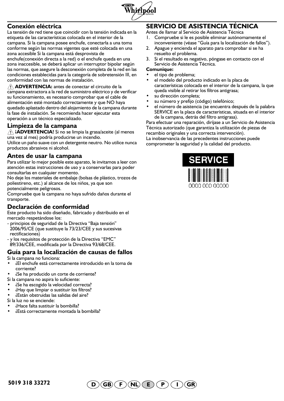 Conexión eléctrica, Limpieza de la campana, Antes de usar la campana | Declaración de conformidad, Guía para la localización de causas de fallos, Servicio de asistencia técnica | Whirlpool AKR 550 IM User Manual | Page 7 / 9