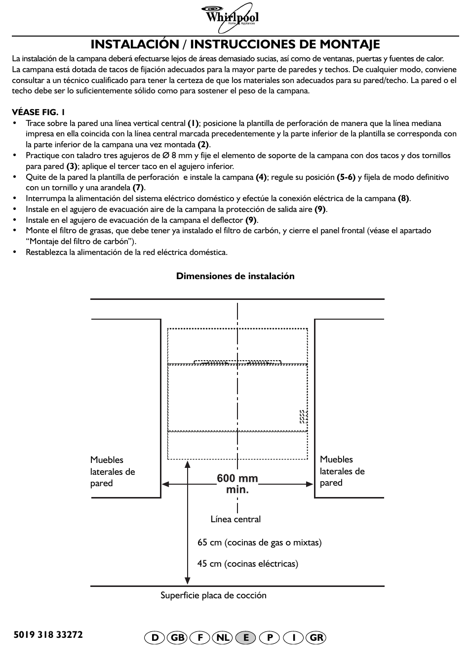 Instalación / instrucciones de montaje | Whirlpool AKR 550 IM User Manual | Page 8 / 9