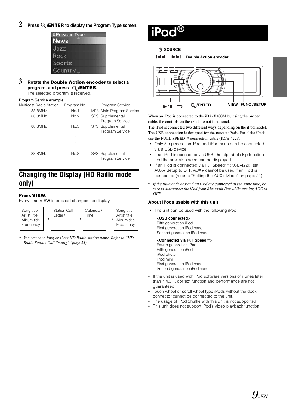 Changing the display (hd radio mode only), Ipod, Changing the display | Hd radio mode only) | Alpine iDA-X100M User Manual | Page 10 / 135