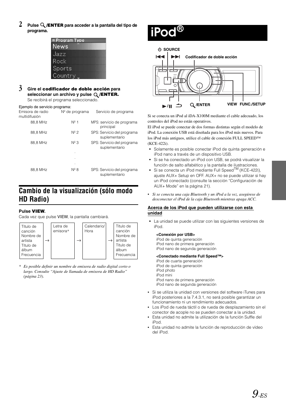 Cambio de la visualización (sólo modo hd radio), Ipod, Cambio de la visualización | Sólo modo hd radio) | Alpine iDA-X100M User Manual | Page 100 / 135