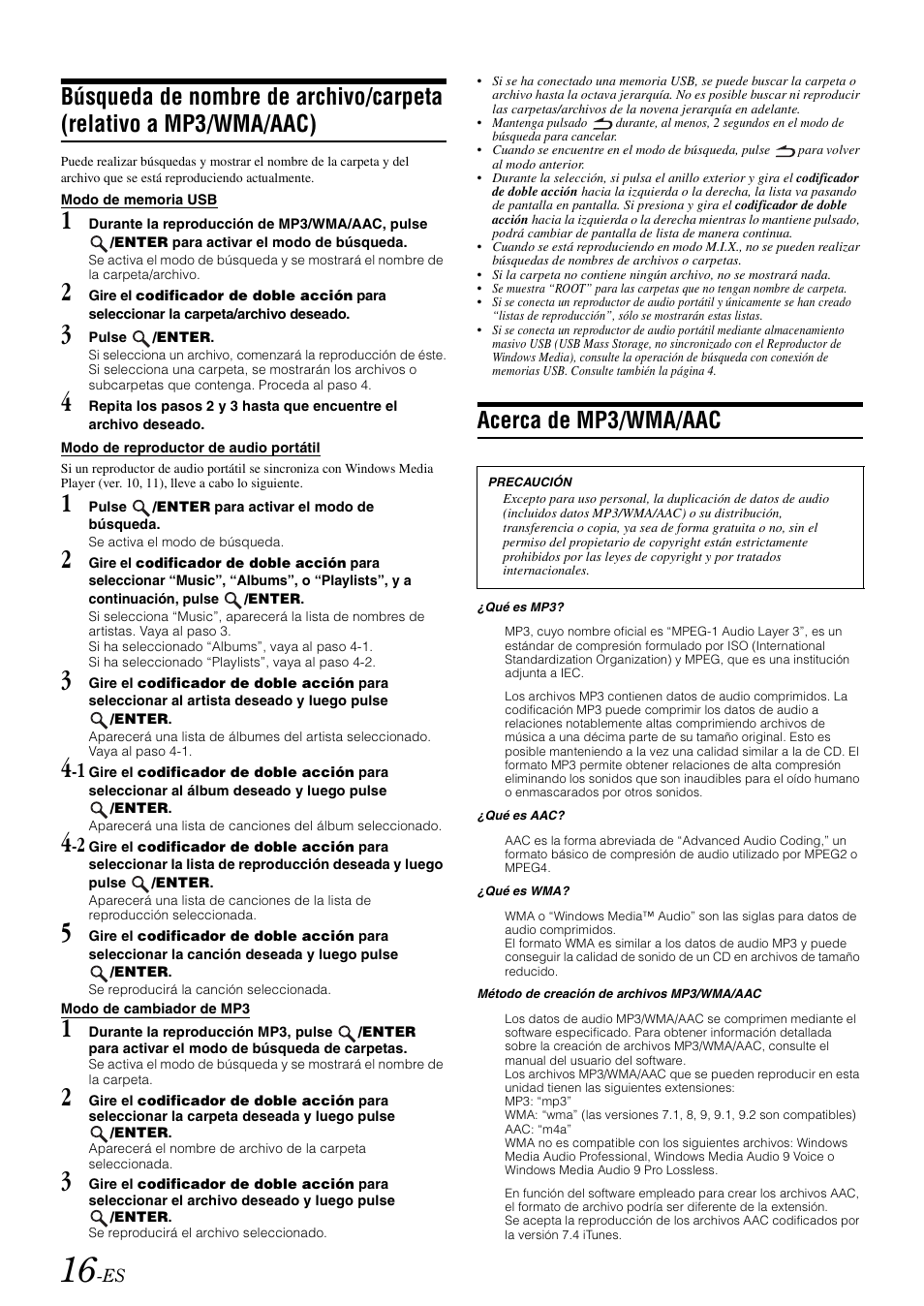 Modo de memoria usb, Modo de reproductor de audio portátil, Modo de cambiador de mp3 | Acerca de mp3/wma/aac, Búsqueda de nombre de archivo/carpeta, Relativo a mp3/wma/aac) | Alpine iDA-X100M User Manual | Page 107 / 135